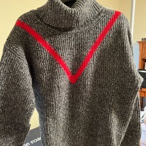 Sandro Gray Knit Turtleneck Sweater with Red Chevron
